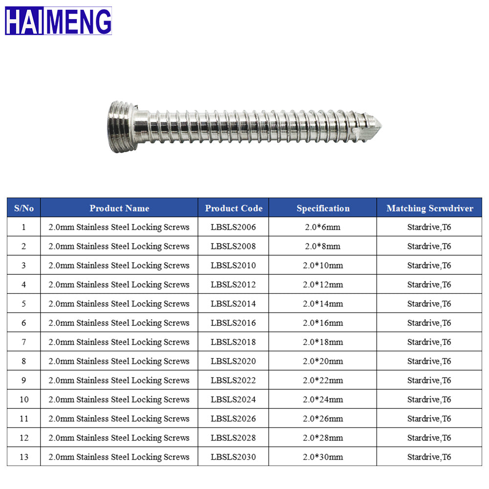 2.0mm Veterinary Stainless Steel Locking Screw, Orthopedic Implant for Animal Bone Fracture Repair