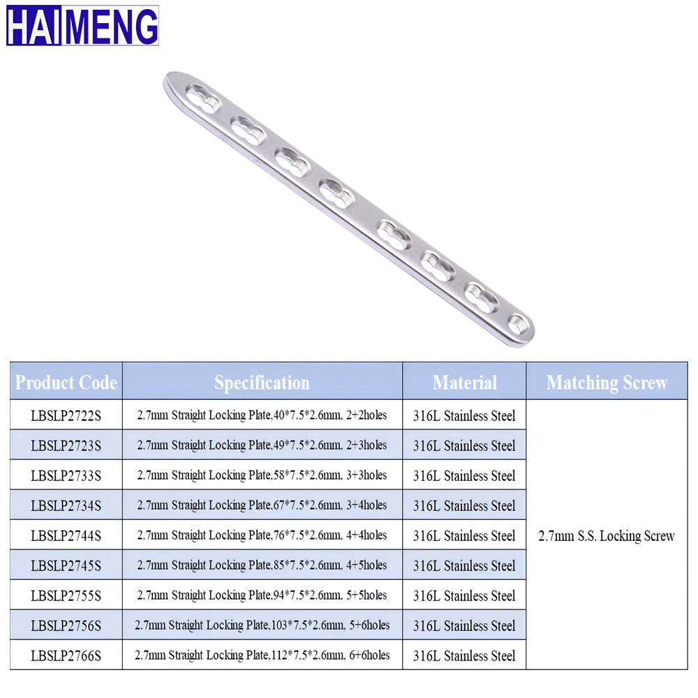 2.4mm  S.S. LCP Plate for Dog Cat Long Bone Fracture Orthopedic Implant，Veterinary 316L Stainless Steel Straight Locking Plate